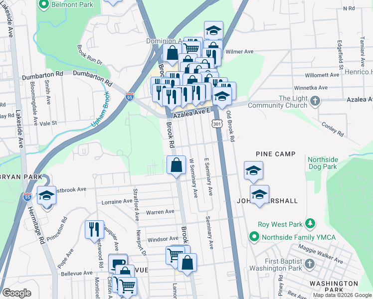 map of restaurants, bars, coffee shops, grocery stores, and more near 4828 West Seminary Avenue in Richmond