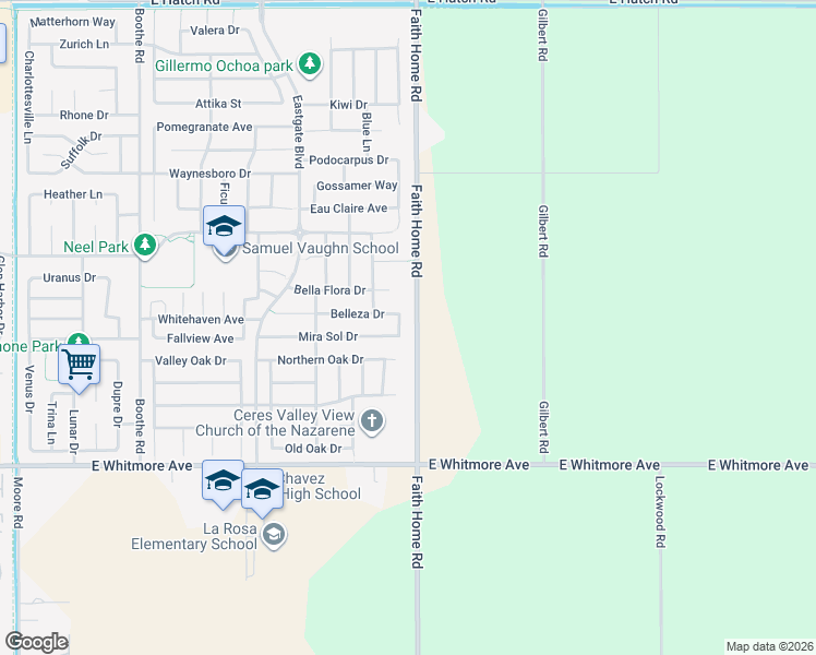 map of restaurants, bars, coffee shops, grocery stores, and more near 2044 Travesia Lane in Ceres