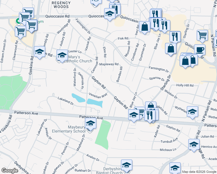 map of restaurants, bars, coffee shops, grocery stores, and more near 9206 Gayton Road in Richmond