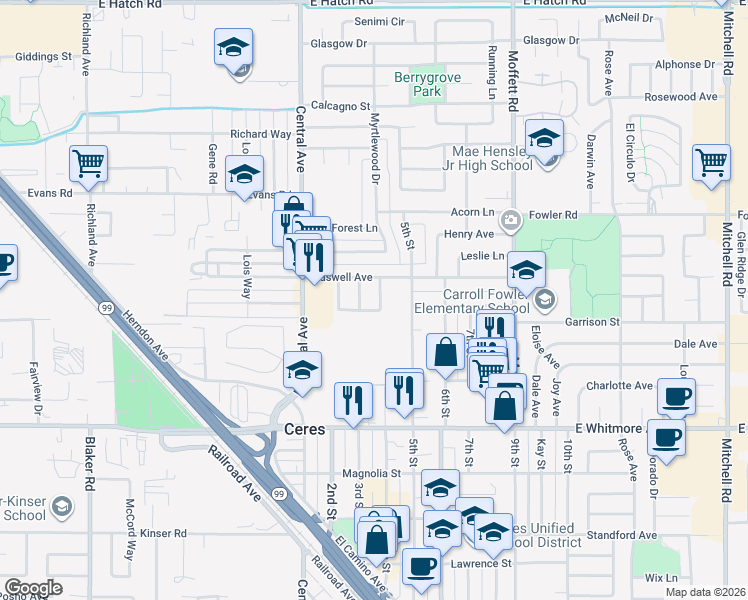 map of restaurants, bars, coffee shops, grocery stores, and more near 2013 4th Street in Ceres