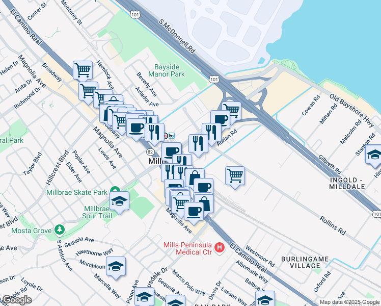 map of restaurants, bars, coffee shops, grocery stores, and more near 201 East Millbrae Avenue in Millbrae