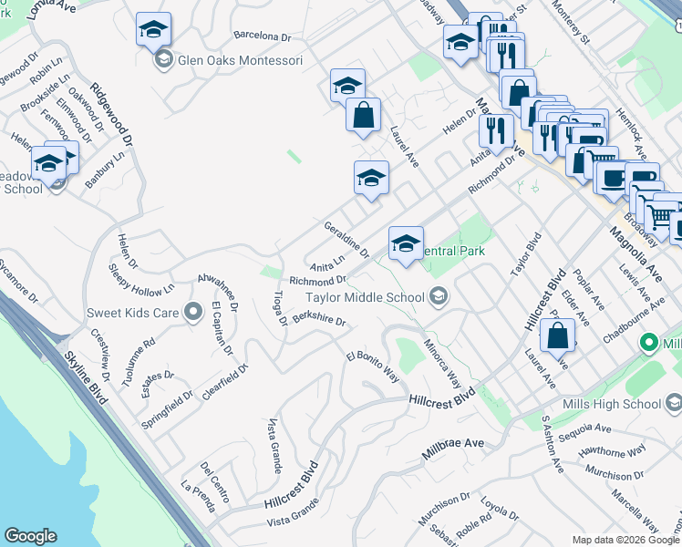 map of restaurants, bars, coffee shops, grocery stores, and more near 515 Anita Lane in Millbrae