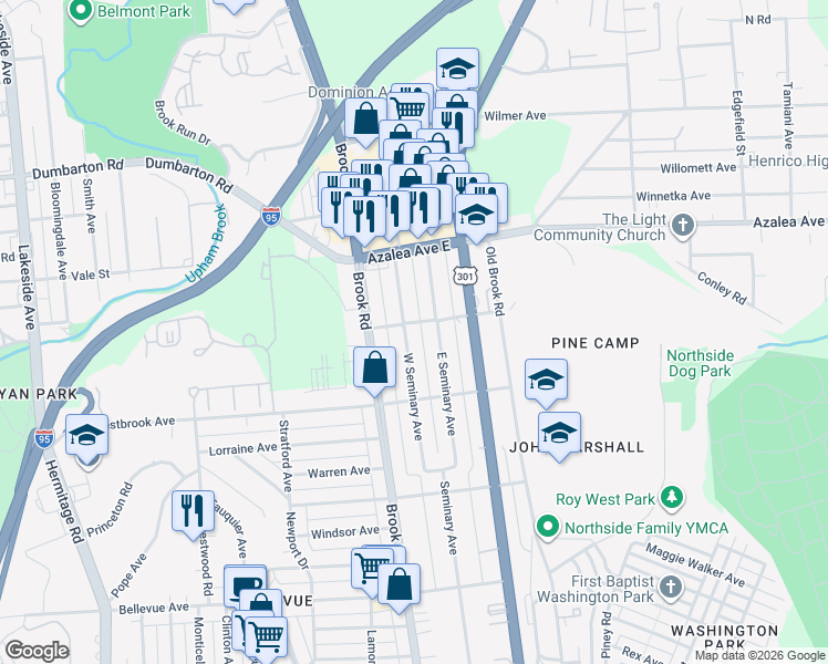 map of restaurants, bars, coffee shops, grocery stores, and more near 4828 West Seminary Avenue in Richmond