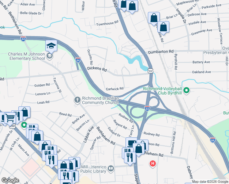 map of restaurants, bars, coffee shops, grocery stores, and more near 5117 Earlwick Road in Richmond