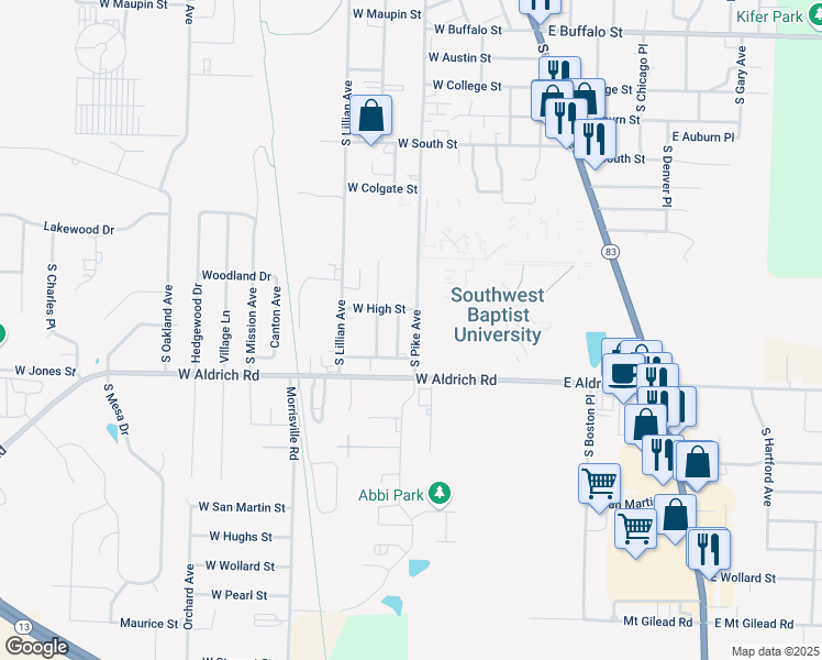 map of restaurants, bars, coffee shops, grocery stores, and more near 1613 South Pike Avenue in Bolivar