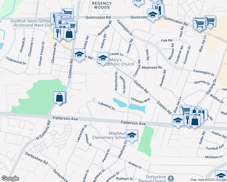 map of restaurants, bars, coffee shops, grocery stores, and more near 1102 Waterford Drive in Richmond