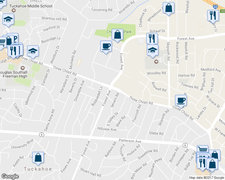 map of restaurants, bars, coffee shops, grocery stores, and more near 1409 Forest Avenue in Richmond