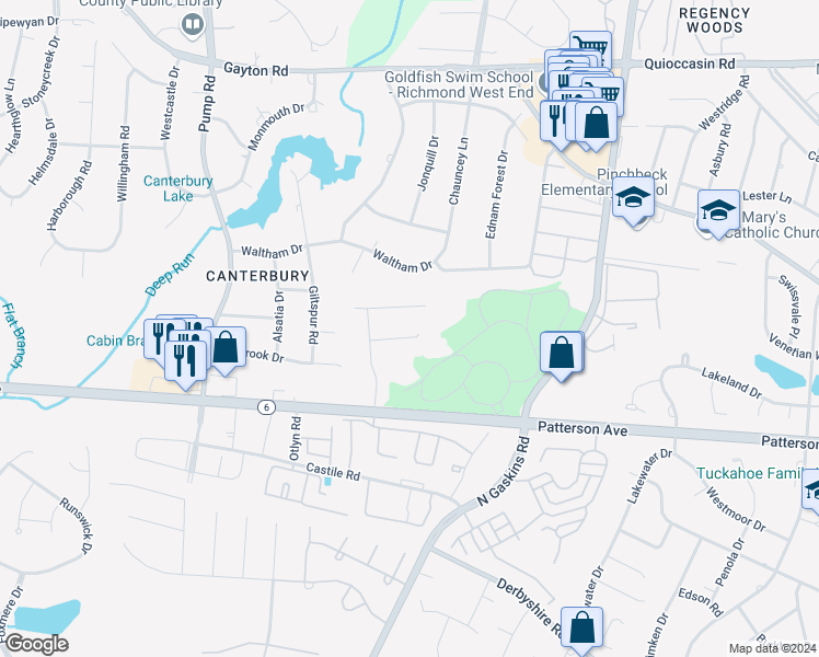 map of restaurants, bars, coffee shops, grocery stores, and more near 10206 Westhampton Glen Court in Henrico