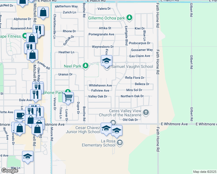 map of restaurants, bars, coffee shops, grocery stores, and more near 3696 Whitehaven Avenue in Ceres
