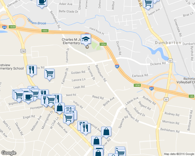 map of restaurants, bars, coffee shops, grocery stores, and more near 5404 Tacoma Street in Richmond