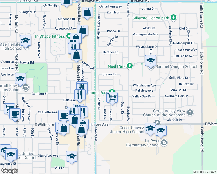 map of restaurants, bars, coffee shops, grocery stores, and more near 3310 Sagittarius Avenue in Ceres