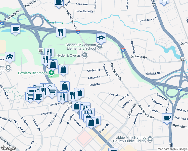 map of restaurants, bars, coffee shops, grocery stores, and more near 2318 Lenora Lane in Richmond