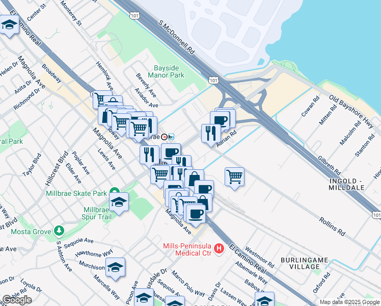 map of restaurants, bars, coffee shops, grocery stores, and more near 201 East Millbrae Avenue in Millbrae