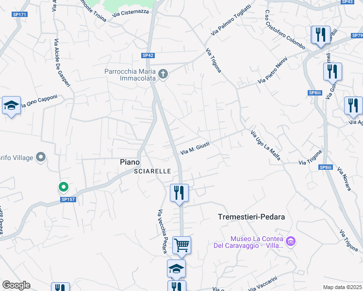 map of restaurants, bars, coffee shops, grocery stores, and more near 165 Via Etnea in Pedara