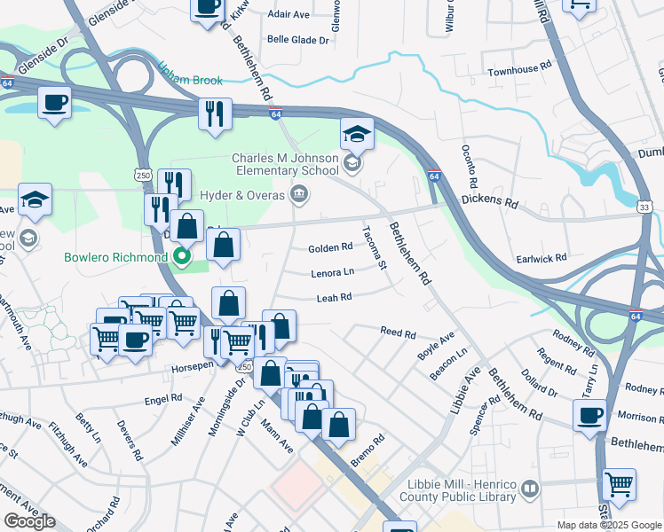 map of restaurants, bars, coffee shops, grocery stores, and more near 2318 Lenora Lane in Richmond