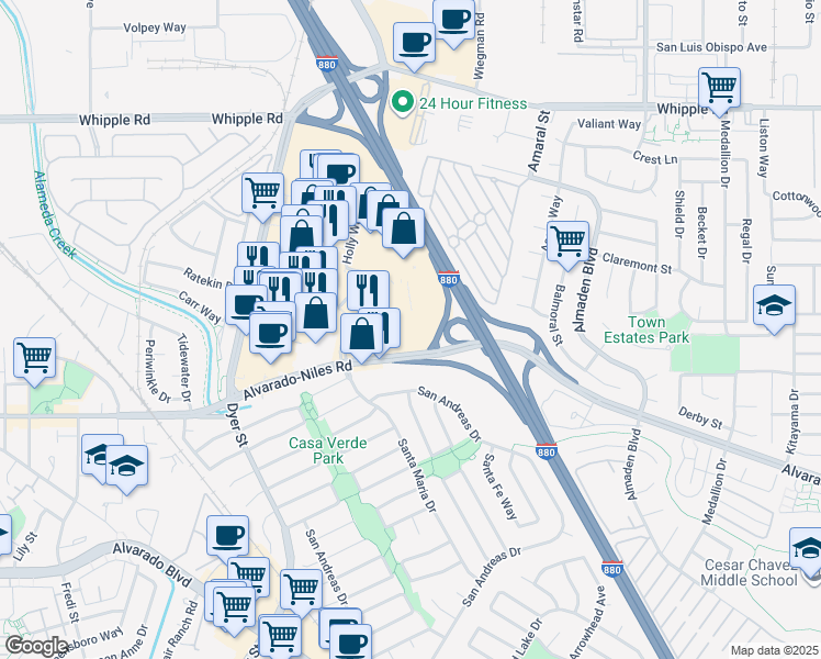 map of restaurants, bars, coffee shops, grocery stores, and more near 32040 Union Landing Boulevard in Union City