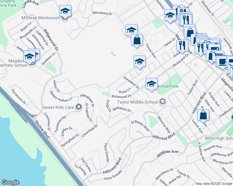 map of restaurants, bars, coffee shops, grocery stores, and more near 531 Anita Lane in Millbrae