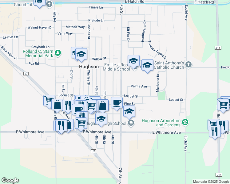map of restaurants, bars, coffee shops, grocery stores, and more near 2149 7th Street in Hughson