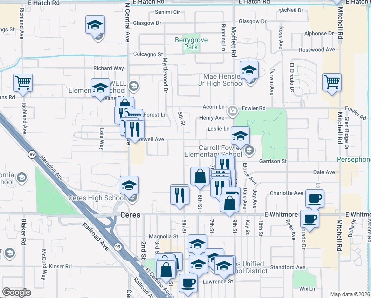 map of restaurants, bars, coffee shops, grocery stores, and more near 2033 5th Street in Ceres