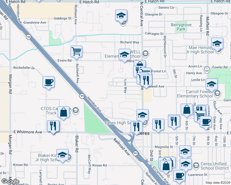 map of restaurants, bars, coffee shops, grocery stores, and more near 1945 Hollister Street in Ceres