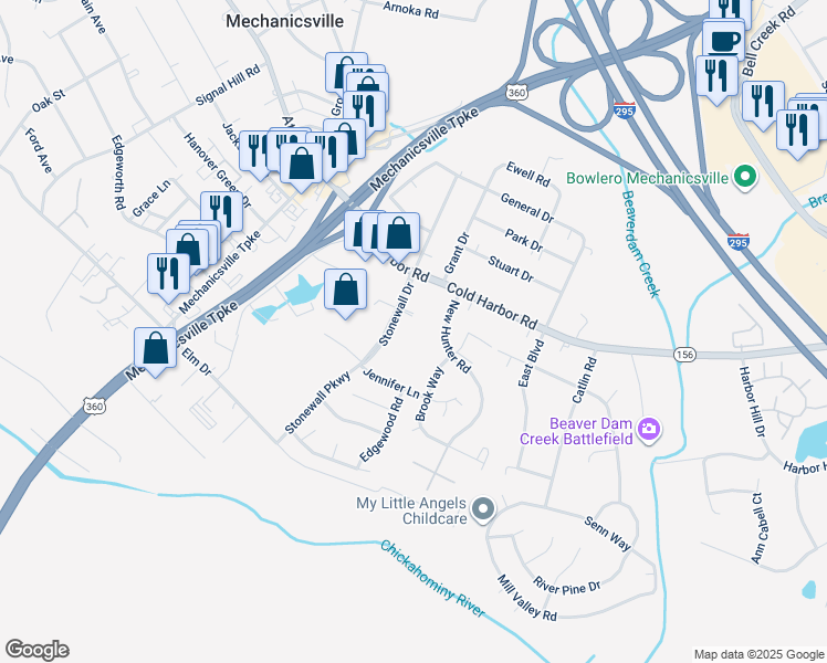 map of restaurants, bars, coffee shops, grocery stores, and more near 7174 Garden Park Lane in Mechanicsville