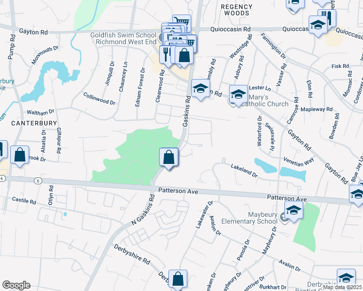 map of restaurants, bars, coffee shops, grocery stores, and more near 1213 Gaskins Road in Henrico