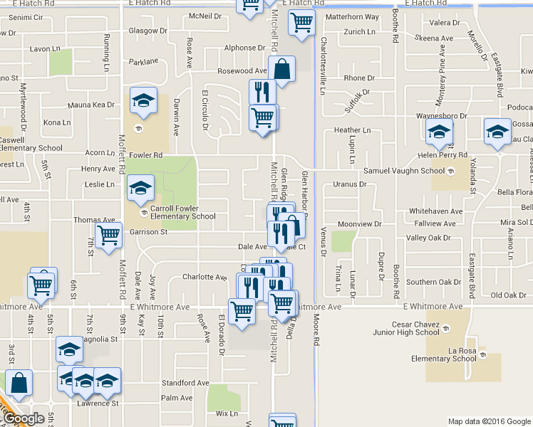 map of restaurants, bars, coffee shops, grocery stores, and more near 2017 Mitchell Road in Ceres