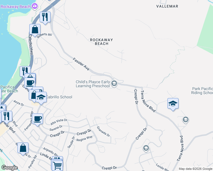 map of restaurants, bars, coffee shops, grocery stores, and more near 67 Driftwood Circle in Pacifica
