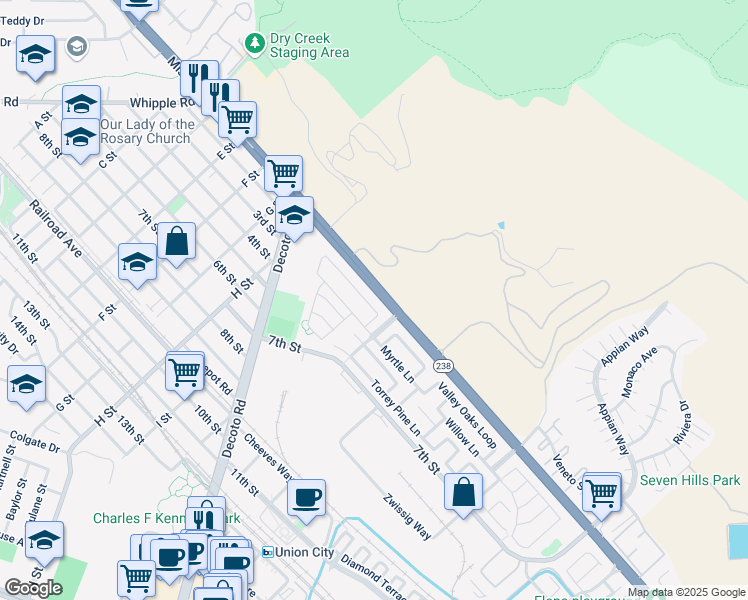 map of restaurants, bars, coffee shops, grocery stores, and more near 34268 Aspen Loop in Union City