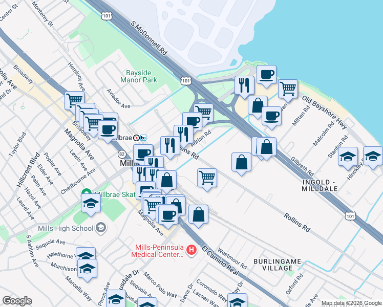 map of restaurants, bars, coffee shops, grocery stores, and more near 111 Rollins Road in Millbrae