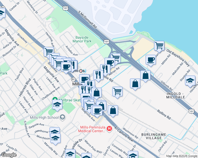 map of restaurants, bars, coffee shops, grocery stores, and more near in Millbrae