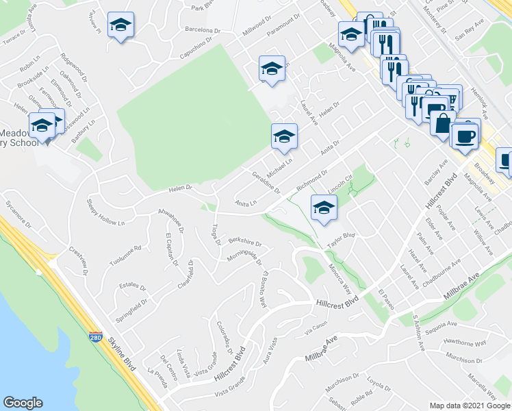 map of restaurants, bars, coffee shops, grocery stores, and more near 515 Anita Lane in Millbrae
