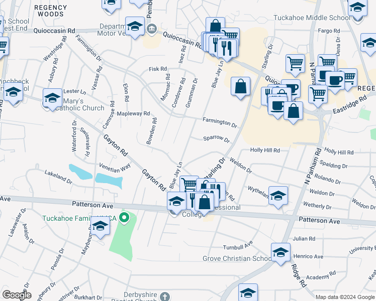 map of restaurants, bars, coffee shops, grocery stores, and more near 1205 Blue Jay Lane in Richmond