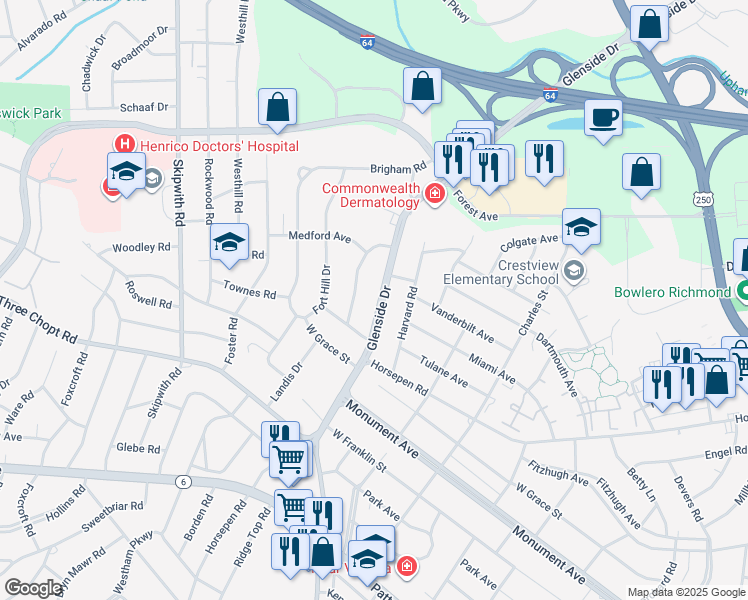 map of restaurants, bars, coffee shops, grocery stores, and more near 1517 Glenside Drive in Richmond