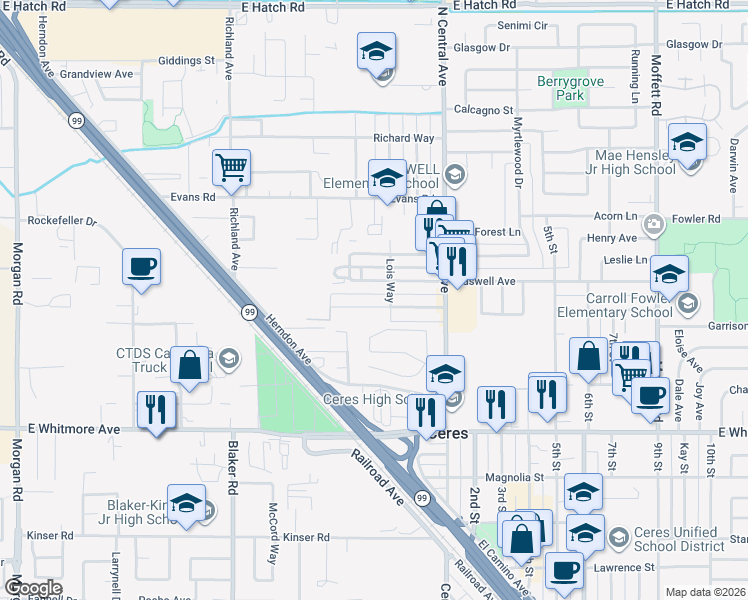 map of restaurants, bars, coffee shops, grocery stores, and more near 1945 Hollister Street in Ceres