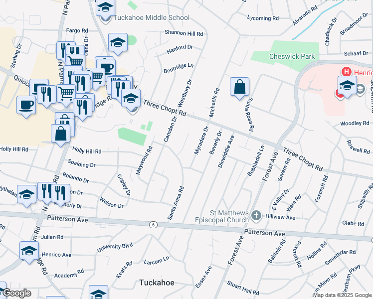 map of restaurants, bars, coffee shops, grocery stores, and more near 1407 Coronet Drive in Henrico