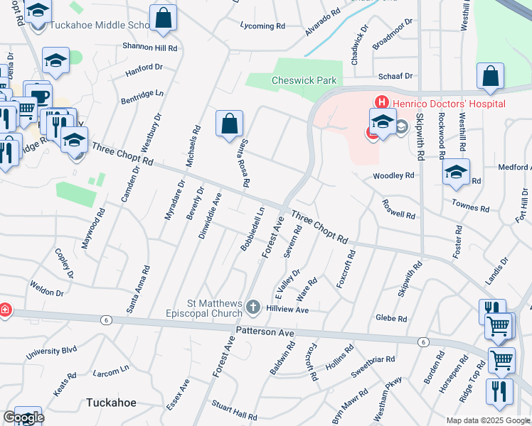 map of restaurants, bars, coffee shops, grocery stores, and more near 1413 Bobbiedell Lane in Richmond