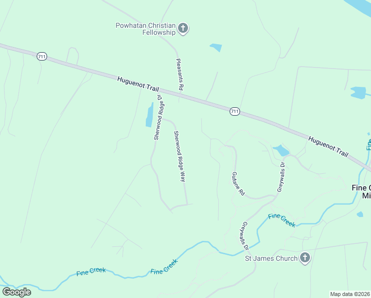 map of restaurants, bars, coffee shops, grocery stores, and more near 3256 Sherwood Ridge Way in Powhatan
