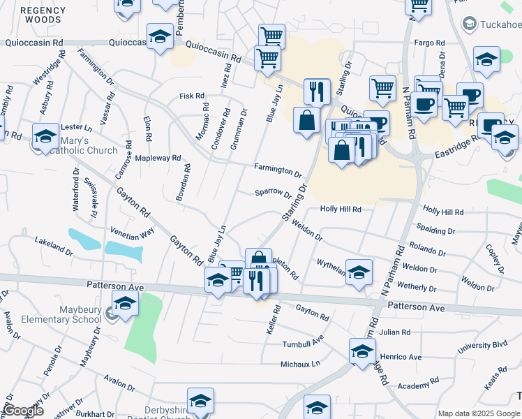 map of restaurants, bars, coffee shops, grocery stores, and more near 9012 Weldon Drive in Richmond