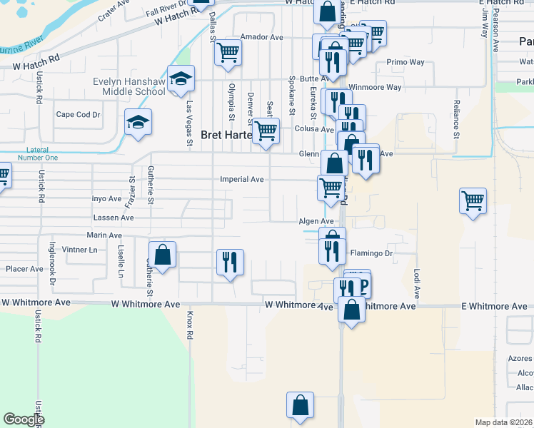 map of restaurants, bars, coffee shops, grocery stores, and more near 400 Mount Hood Court in Modesto
