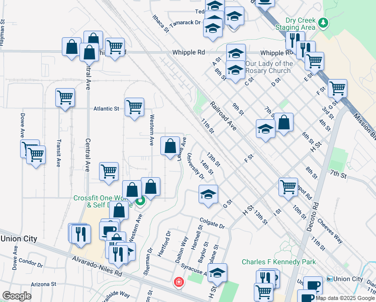 map of restaurants, bars, coffee shops, grocery stores, and more near 33359 University Drive in Union City