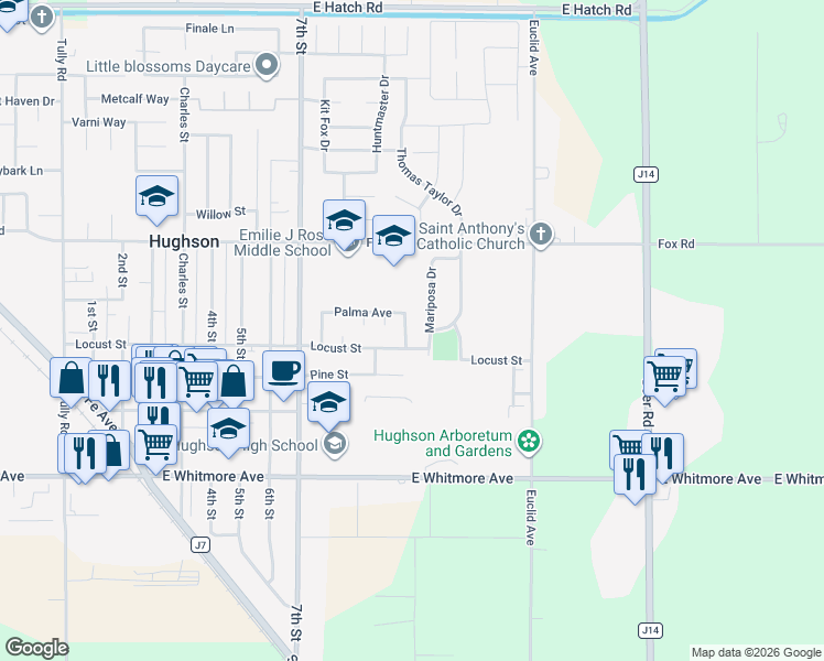 map of restaurants, bars, coffee shops, grocery stores, and more near 2130 Dominic Avenue in Hughson