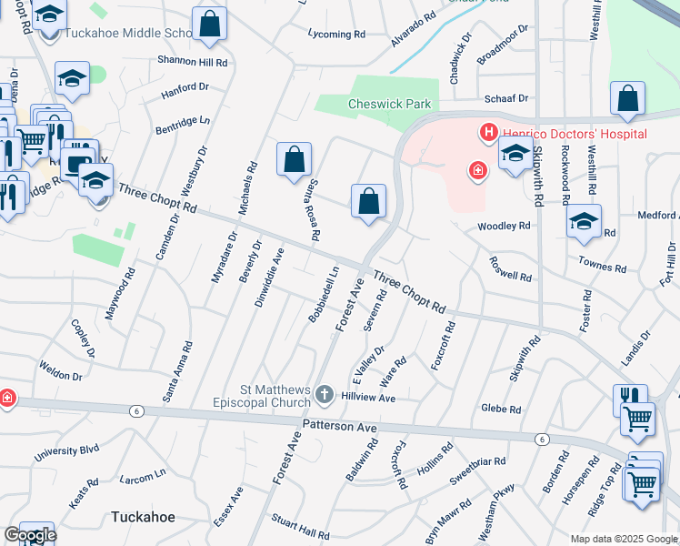 map of restaurants, bars, coffee shops, grocery stores, and more near 1413 Bobbiedell Lane in Richmond