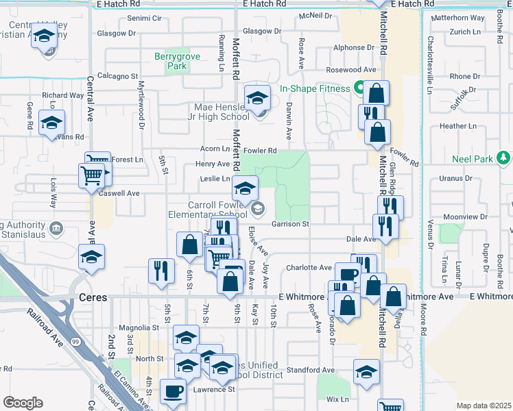 map of restaurants, bars, coffee shops, grocery stores, and more near 2611 Garrison Street in Ceres