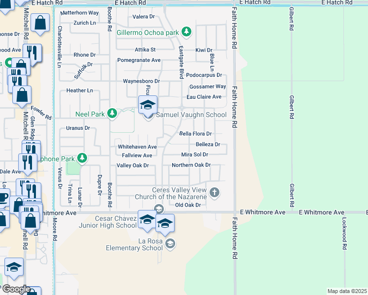 map of restaurants, bars, coffee shops, grocery stores, and more near 3787 Mira Sol Drive in Ceres