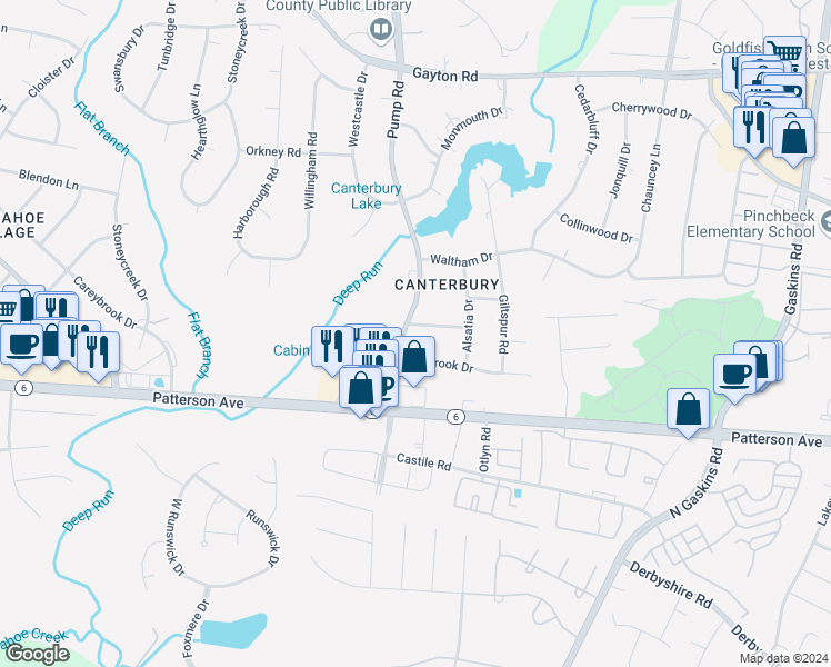 map of restaurants, bars, coffee shops, grocery stores, and more near Covent Road in Henrico