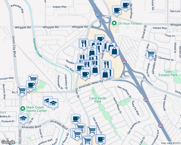 map of restaurants, bars, coffee shops, grocery stores, and more near 32200 Dyer Street in Union City