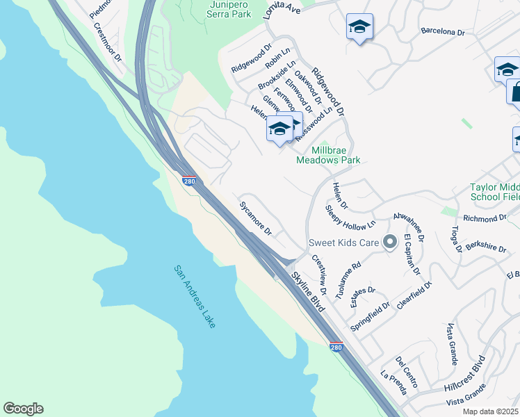 map of restaurants, bars, coffee shops, grocery stores, and more near 1049 Crestview Drive in Millbrae