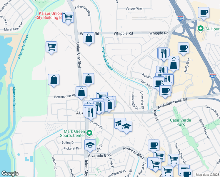 map of restaurants, bars, coffee shops, grocery stores, and more near 30703 Wainwright Court in Union City