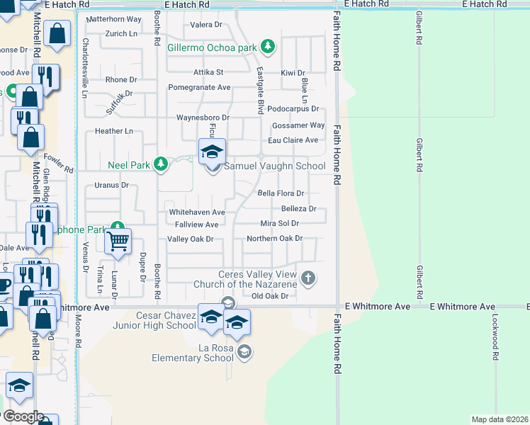 map of restaurants, bars, coffee shops, grocery stores, and more near 3787 Mira Sol Drive in Ceres